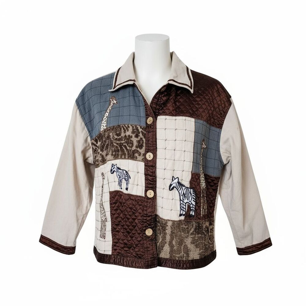 Vintage New Directions Safari Patchwork Quilted Jacket Small Embroidered Giraffe